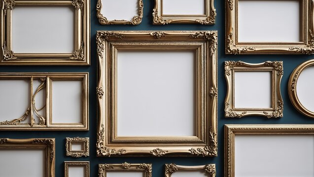 Elegant gold picture frames on deep blue wall perfect for home art display