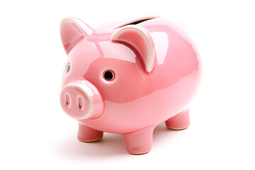 Obraz premium Pink piggy bank on white background, emphasizing simplicity in savings and personal finance management.