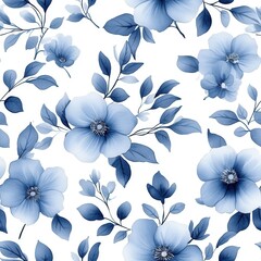 Seamless Floral Pattern with Blue Flowers and Green Leaves on White Background for Elegant Design Projects