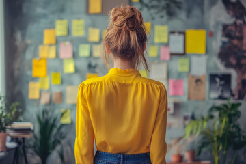 Woman Standing in Front of Sticky Notes and Mood Boards – Creative Office Brainstorming, Planning, and Design Concept in a Professional Workspace