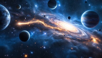 Cosmic Dance: A Galaxy's Breathtaking Spiral and Celestial Bodies