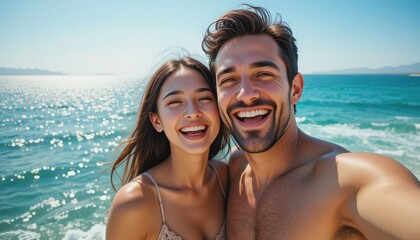 Obraz premium Happy couple enjoying a sunny day by the ocean with bright water and clear skies