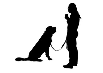 Young woman with a small dog on a white background