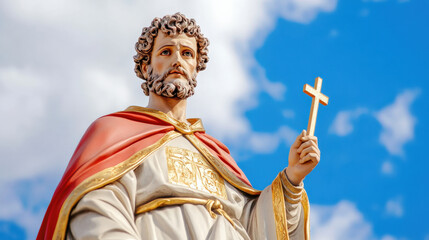 Obraz premium Statue of religious figure holding cross, wearing red cape against blue sky. intricate details and expression convey sense of reverence and spirituality