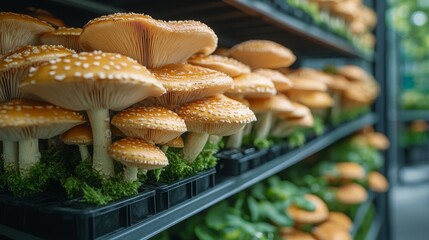Vertical mushroom farming with multiple levels showcasing fresh mushrooms in a green environment