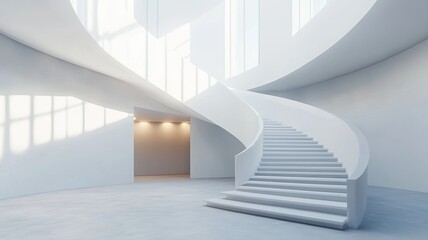 Fototapeta premium Modern white spiral staircase, sunlit atrium