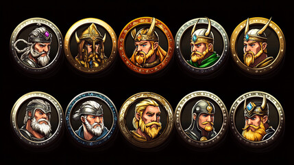 Viking and warrior game avatars in gold ranking frames. Vector cartoon set of badges with heads of characters in silver and golden circle borders with gems isolated on black background