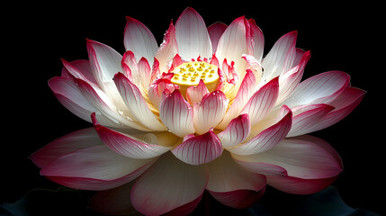 Elegant lotus flower with delicate dew drops resting on petals, floating peacefully in a dark pond. Generative AI