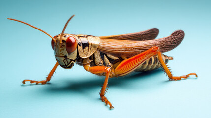 close up of vibrant orange grasshopper on blue background, showcasing its intricate details and textures. This captures beauty of nature and insect life