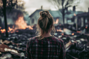 Woman Surveying Burned Home After Fire – Emotional Scene from Behind, Post-Fire Destruction, Disaster Aftermath, Home Loss, and Tragedy Recovery