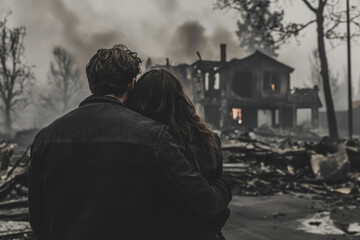 Sad Couple Crying in Front of Destroyed Home After Fire – Emotional Aftermath of Wildfire, Shot from Behind, Tragedy and Loss in Disaster Scene