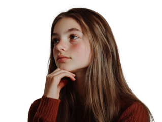 A close up portrait of a teenage girl with long brown hair, lost in thought, hand gently touching her chin.