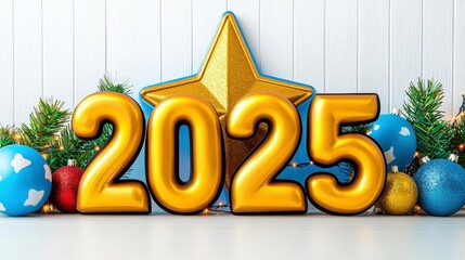 A photostock of a magical holiday scene with a glowing golden Christmas star and bold "2025" text surrounded by twinkling fairy lights. High Quality