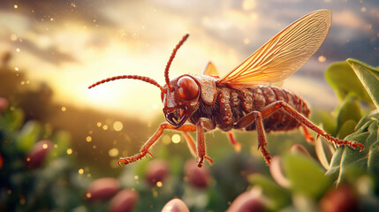 Fototapeta premium detailed close up of vibrant insect with large eyes, showcasing its intricate wings and body against blurred natural background. scene captures beauty of nature