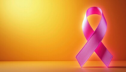 A vibrant World Cancer Day banner with a yellow and orange gradient background and a glowing pink ribbon.
