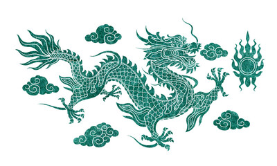 Lucky Chinese dragon graphics marble texture patterns on a flat colored background.	
