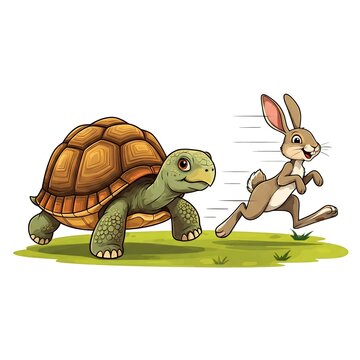 tortoise and the hare racing on the grass field, cartoon illustration isolated white