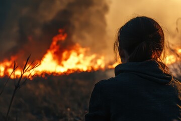 Woman Surveying Burned Home After Fire – Emotional Scene from Behind, Post-Fire Destruction, Disaster Aftermath, Home Loss, and Tragedy Recovery