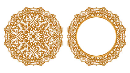 Indian flower mandala art with luxury golden circle frame transparent vintage gold circular pattern