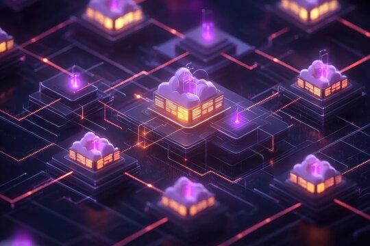 Futuristic Digital Landscape with Cloud Structures and Neon Lights Representing Data Processing and Network Systems in Technology and Networking Concepts