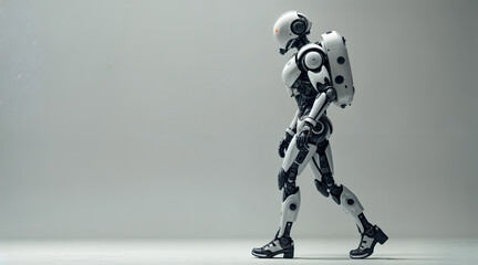 Futuristic humanoid robot walking in a neutral studio setting