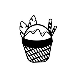 Line Art of Ice Cream in a Waffle Bowl with Cream, Cookies, and Decorative Leaves