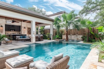 Fototapeta premium Luxurious backyard oasis architecture furniture outdoors.