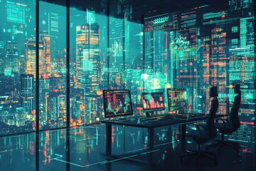 Futuristic Office Space with High-Tech Computer Displays Overlooking a Neon Cityscape at Night, Showcasing Advanced Data Analytics and Digital Visualization