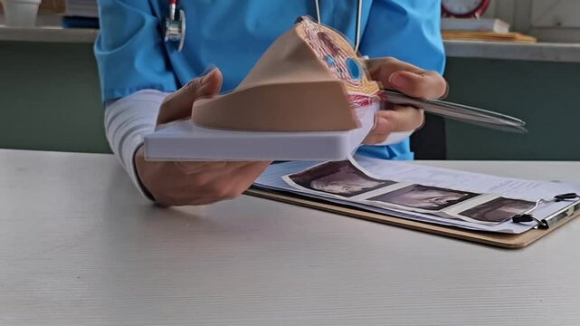 Demonstration of cellular structure and function in a Doctor explains disease and uses anatomical model of breast 