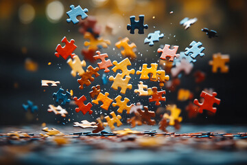 Disintegrating Puzzle Pieces: A surreal scene of a puzzle breaking apart, with individual pieces floating in mid-air, dissolving into a dreamlike, fragmented composition