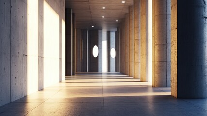 Sunlit concrete corridor, city view