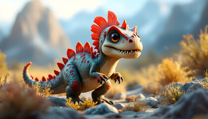 Naklejka premium Adorable Baby Dinosaur in Desert Landscape Digital Art