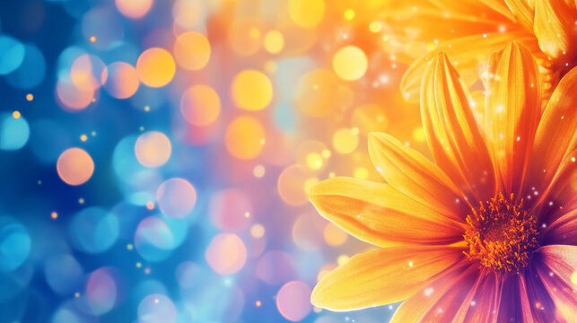 A stunning artistic depiction of an orange daisy flower against a vibrant background of glowing bokeh lights. The brilliant colors complement the floral composition, evoking warmth and serenity.