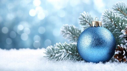 Blue Christmas Ornament on Snowy Branch