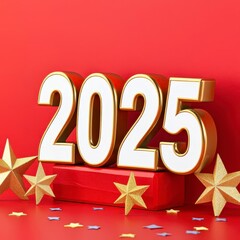 A photostock of golden "2025" text surrounded by shimmering star confetti on a bright red background, symbolizing celebration and excitement. High Quality