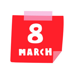 8 March. Red paper note. Women's day. Vector illustration on white background.