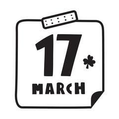 17 March. Paper note. St. Patrick's Day. Outline icon. Vector design. Illustration on white background.