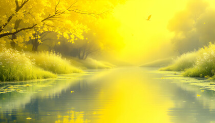Fototapeta premium Golden Autumn River Landscape Tranquil Yellow Scene