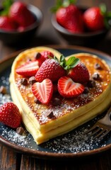 heart shaped pancakes with chocolate and strawberries