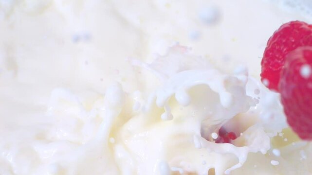 Raspberries falling into milk with splashes in slow motion 300fps