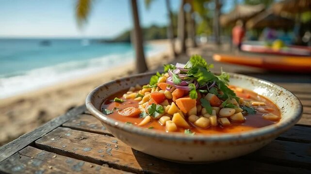 Plato de sopa de mariscos con vegetales en una mesa junto a la playa