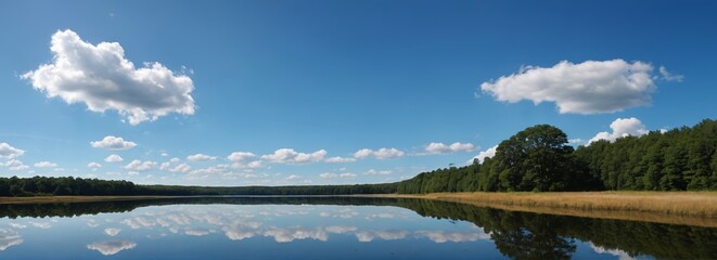 there is a lake with a boat in it and a sky with clouds