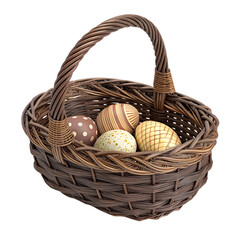 Wicker basket filled with various decorated Easter eggs in brown and beige tones.
