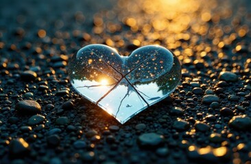 glass broken heart on the ground