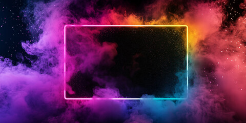 Glowing rainbow frame with colorful smoke around on the black background. Empty border, neon banner, decorative background.