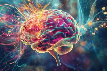 Obraz premium A brain is exploding in space with a fiery explosion