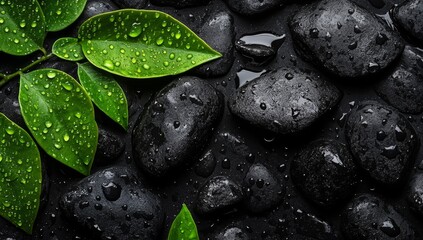 Dewy green leaves on wet black stones.