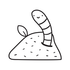 Cute earthworm in compost. Outline icon. Vector illustration on white background.