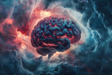 Obraz premium A brain is floating in the sky with orange clouds surrounding it