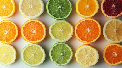 Fototapeta premium An exquisite display of various citrus fruits sliced in half, revealing their bright, inviting colors. This colorful arrangement emanates freshness and zesty vibes, perfect for a summer feast